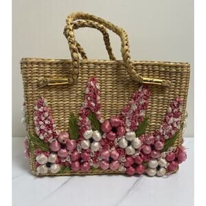 Mantessa Woven Straw Raffia Flower Tote Bag Pink White Boho Cottagecore